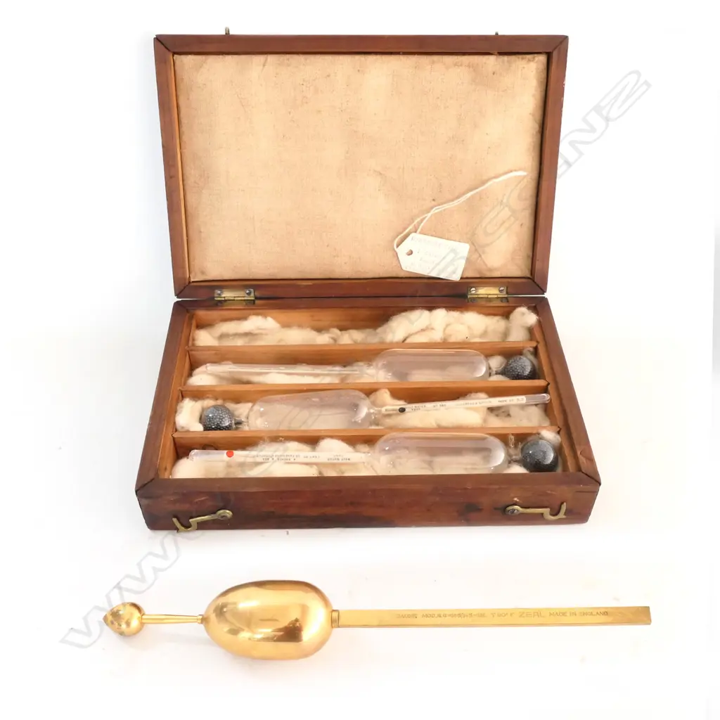BRASS BAUME ZEAL HYDROMETER (L. 255mm) & THREE GLASS HYDROMETERS (BOXED) Image 1++